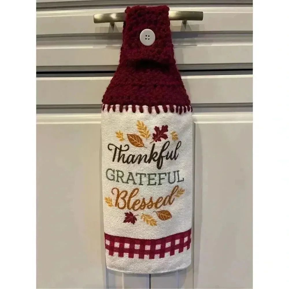 Crochet Top Kitchen Towel-Thankful Grateful Blessed (wine top)